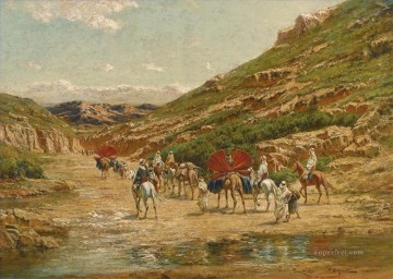 CARAVANE DANS LE DESERT Victor Huguet Orientalista Pinturas al óleo